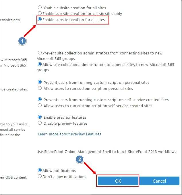 Subsite creation section